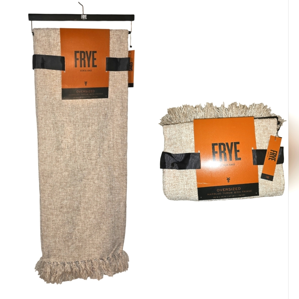 FRYE Oversized Chenille Fringe 50 x 70”  Throw Blanket Tan Wheat NEW